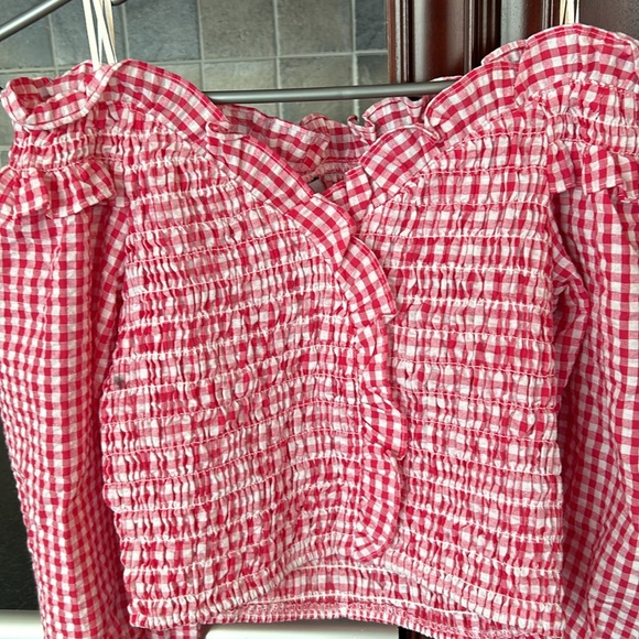 ZARA red/white stretch gingham smocked top size small - Picture 8 of 11